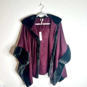Chico's Delphine Faux-Fur Trim Ruana Hooded Poncho Burgundy Holiday Festive OS